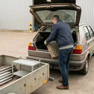 Ein Mann hebt Metallstangen in ein Auto, um sie zu transportieren.