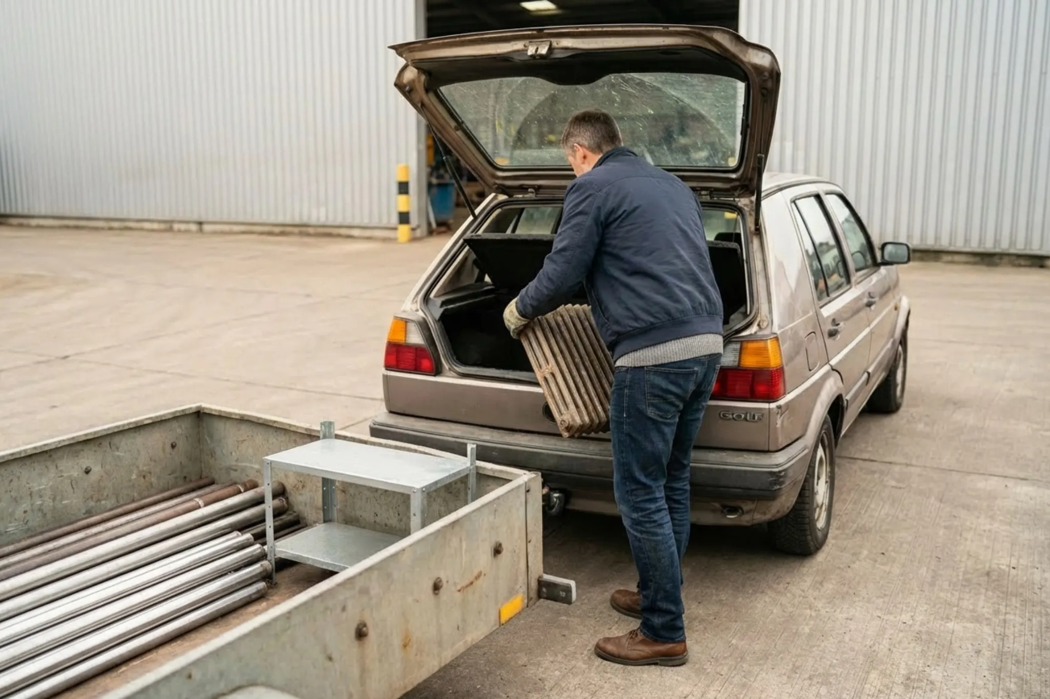 Ein Mann hebt Metallstangen in ein Auto, um sie zu transportieren.