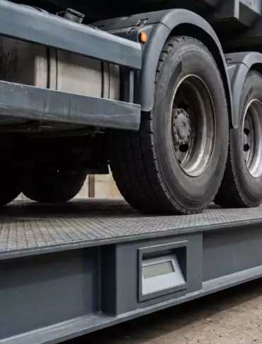 Ein Lkw parkt auf einer Fahrzeugwaage, die eine Rampe zur Plattform hat