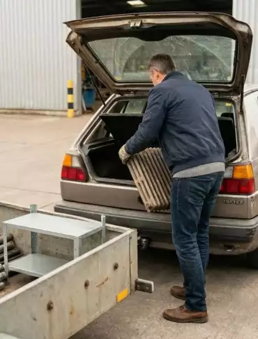 Ein Mann hebt Metallstangen in ein Auto, um sie zu transportieren.