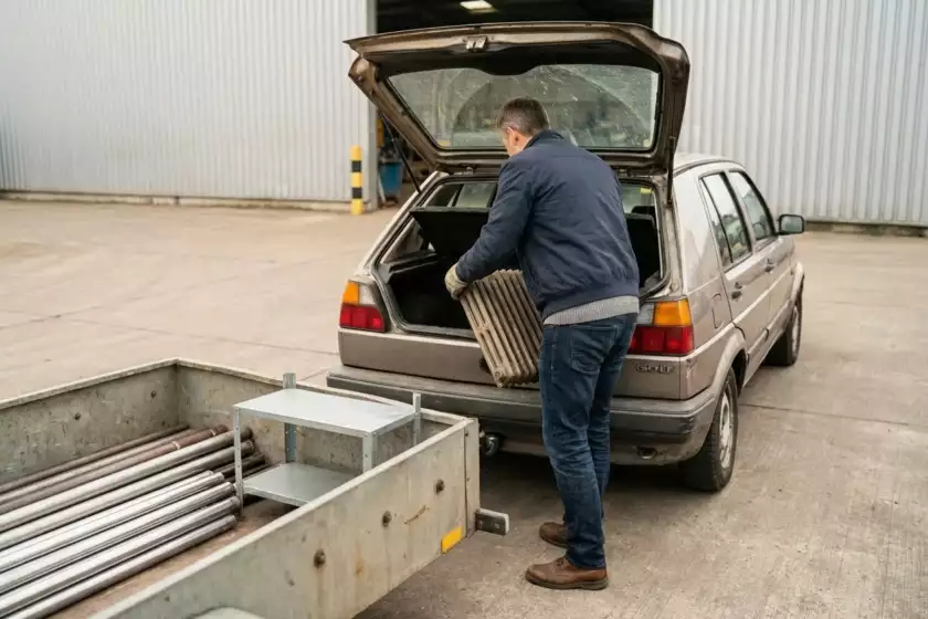 Ein Mann hebt Metallstangen in ein Auto, um sie zu transportieren.